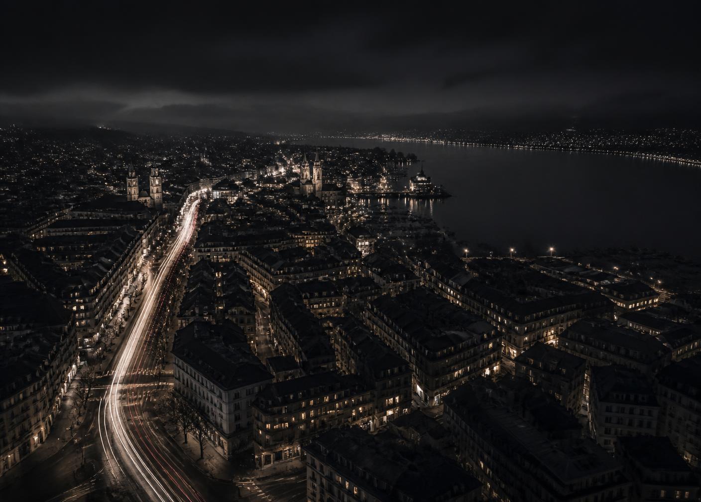 Zürich at night from above with car light trails